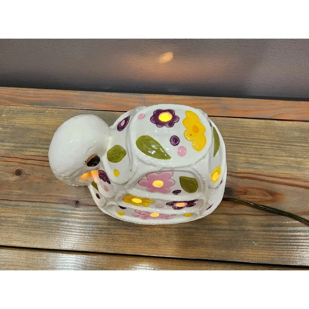 Vintage Ceramic Turtle Lamp Night Light With Flowers